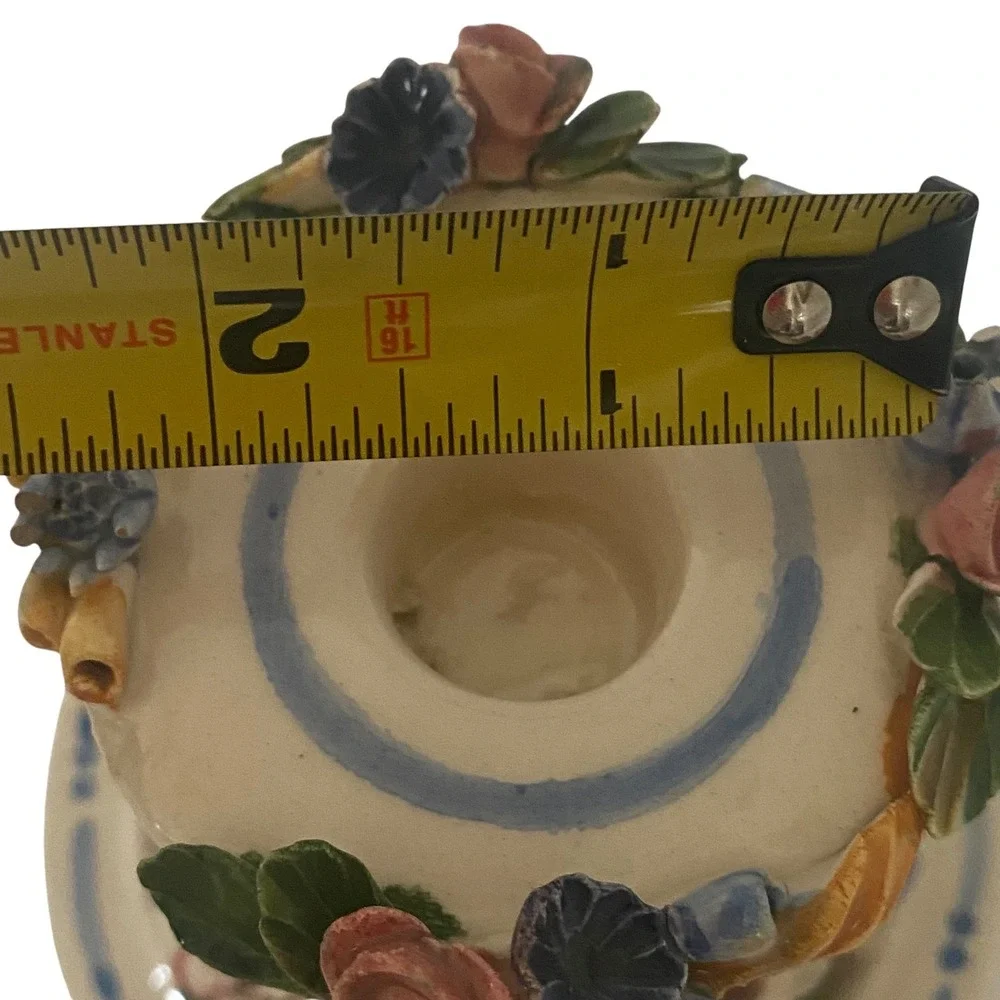 Naples Italy‎ Ceramic Candlestick Holder Applied Flowers Bird Reticulated Base